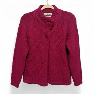 Aran Crafts Merino Wool Sweater Womens Medium Magenta Cable Knit Button Preppy